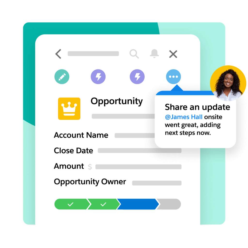 Ein Dashboard zeigt genauere Opportunity-Informationen an, aufgeschlüsselt nach Eigentümer:in, Opportunity-Name und Account-Name.