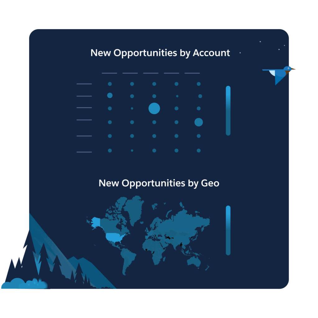 Filteransicht nach Account Owner, Produktfamilie und Zeitraum. Anzeige mit geografischen Informationen und neuen Opportunities nach Account. 
