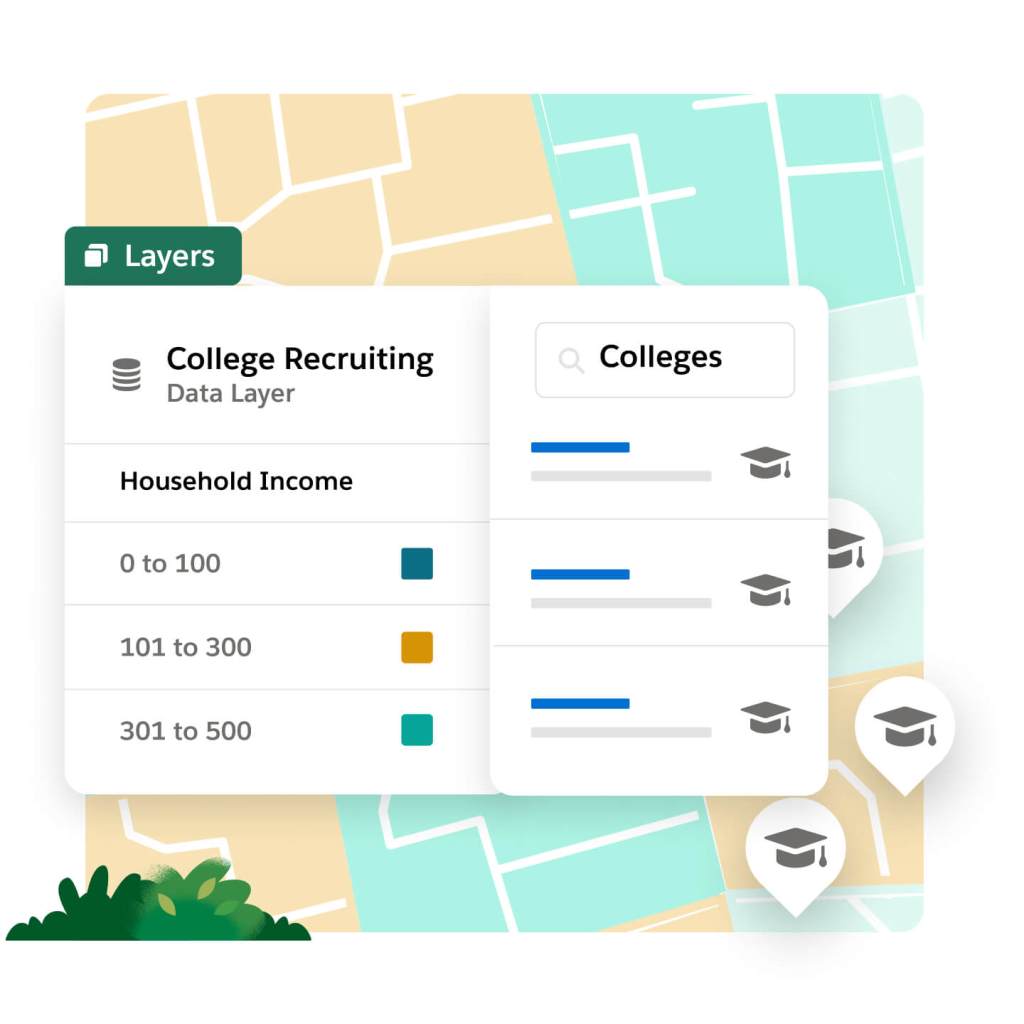 Auf einer Karte werden Hochschulen in der Gegend, Haushaltseinkommen und Rekrutierungsmöglichkeiten angezeigt. 