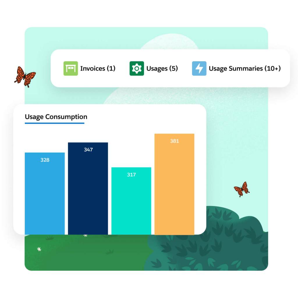 Ein Dashboard zeigt Rechnungen und nutzungsbasierten Verbrauch sowohl einzeln als auch in umfassenderen Übersichten an.