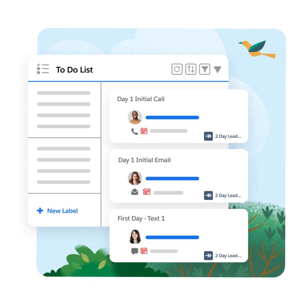 Ein Dashboard zeigt die To-do-Liste und die nächsten Schritte für die Kontaktaufnahme mit Leads und den besten Ansatz, um mehrere Leads zu kontaktieren.