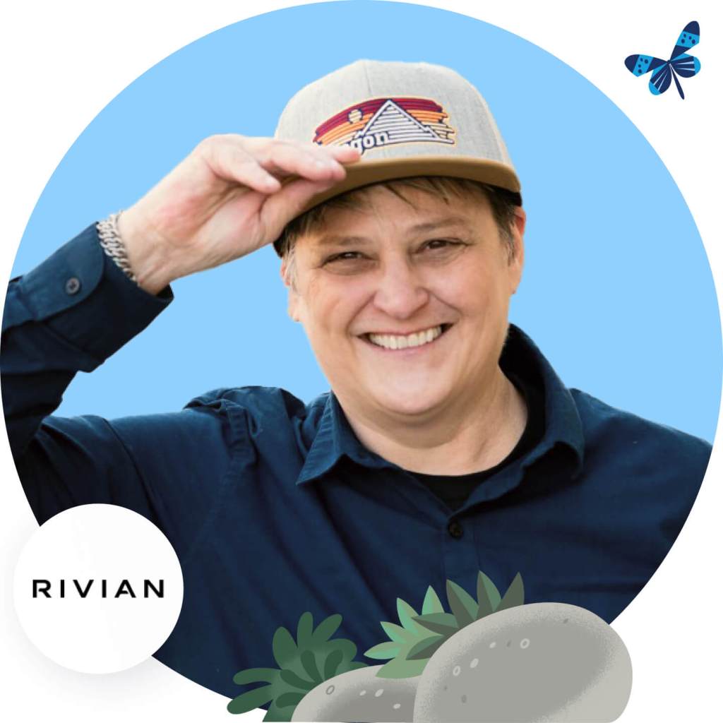 Porträtaufnahme von Sheryl Anderson und Logo von Rivian