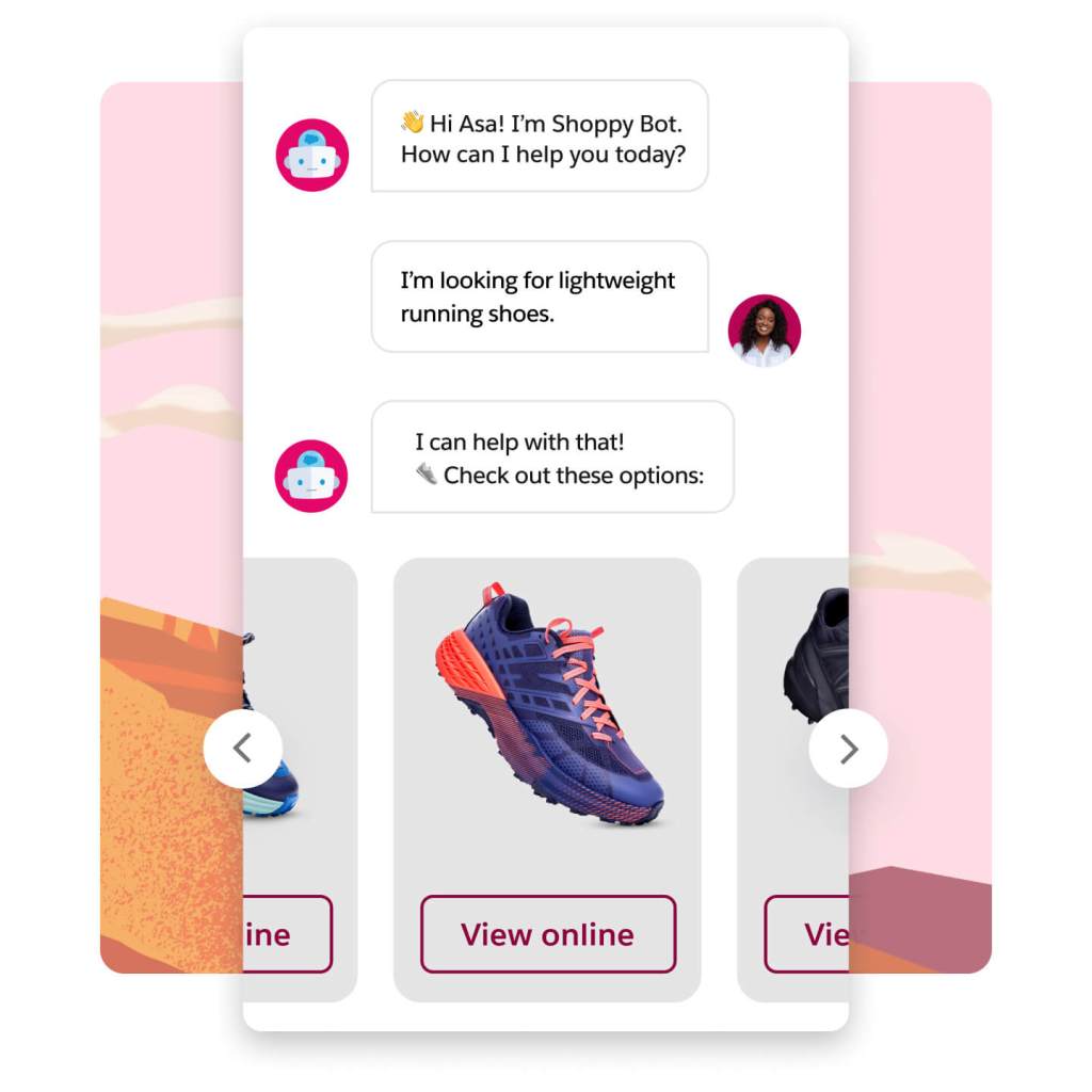 Ein Chatbot unterstützt eine Kundin beim Finden neuer Schuhe und empfiehlt zum Kauf erhältliche Produkte