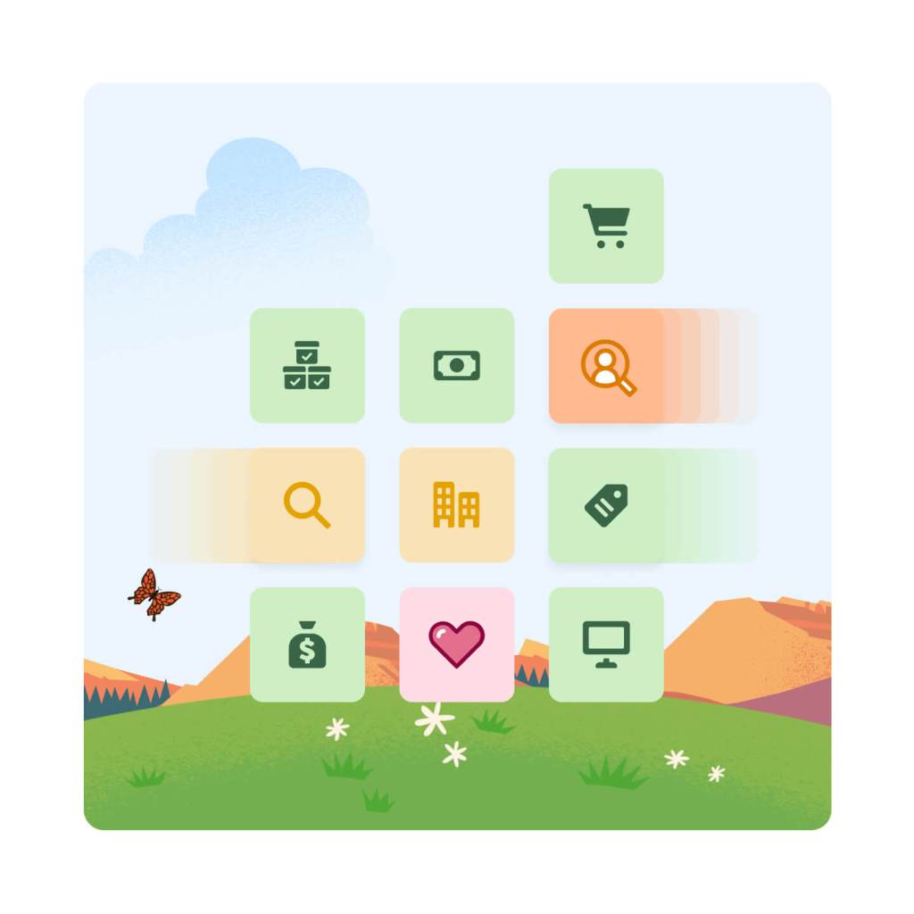 10 Kisten in den Farben grün, gelb, rosa und orange, die im Vordergrund mittig aufeinandergestapelt sind. Auf jeder Kiste ist ein anderes Salesforce Produktsymbol abgebildet.