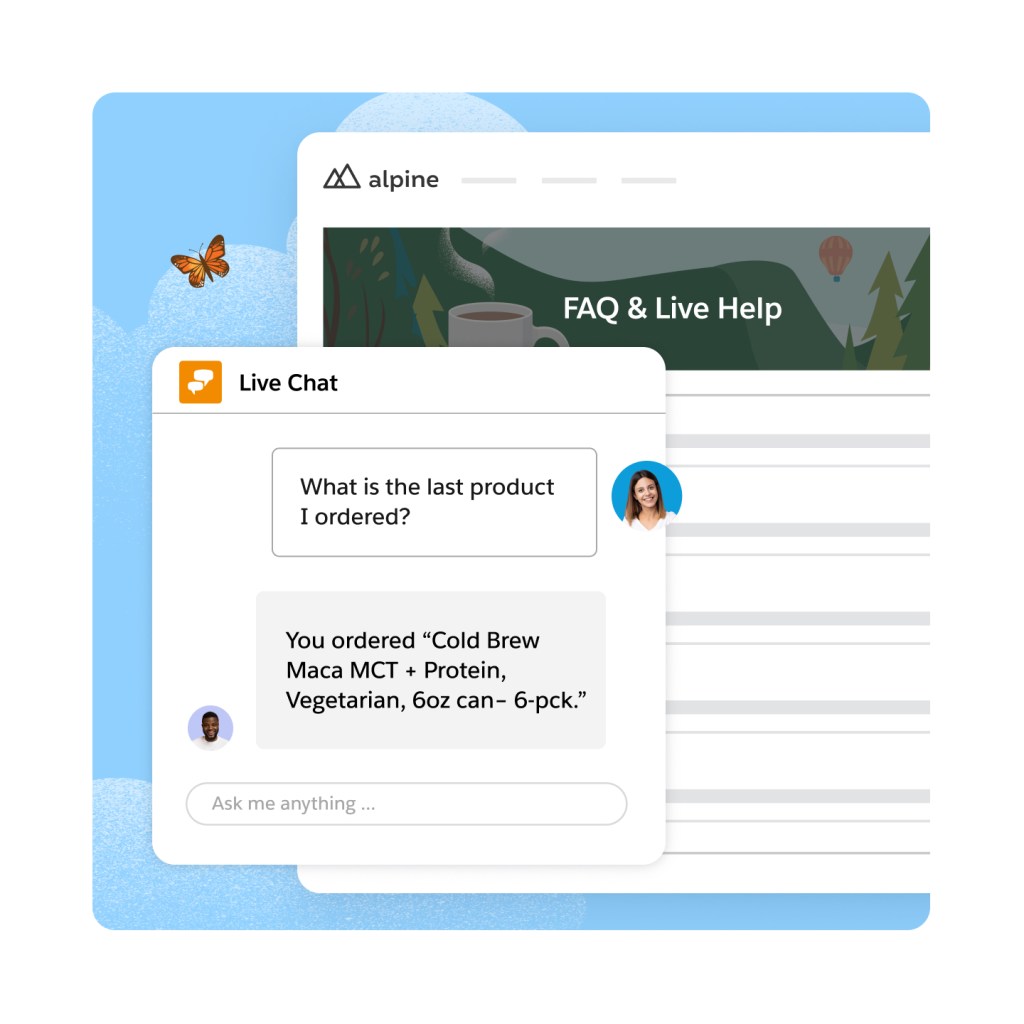 Ein Bildschirm zeigt eine Hilfeseite von Alpine mit häufig gestellten Fragen. Davor ist ein Fenster mit einer Live-Chat-Konversation zwischen einem Kunden und dem Commerce Concierge geöffnet. 