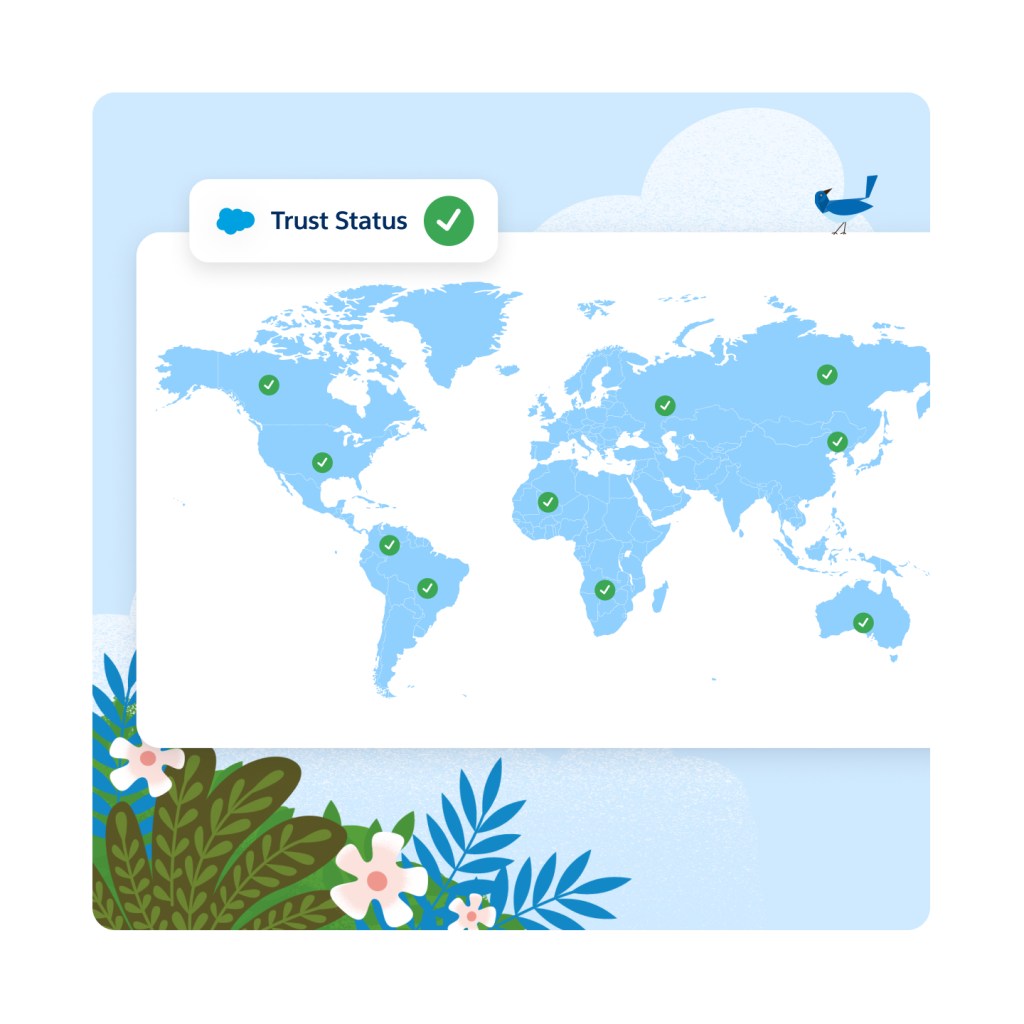 Abbildung einer blauen Weltkarte mit markierten Standorten in verschiedenen Ländern. Der Text lautet: Vertrauensstatus (Häkchen), Betriebszeit bislang 99,9 %.