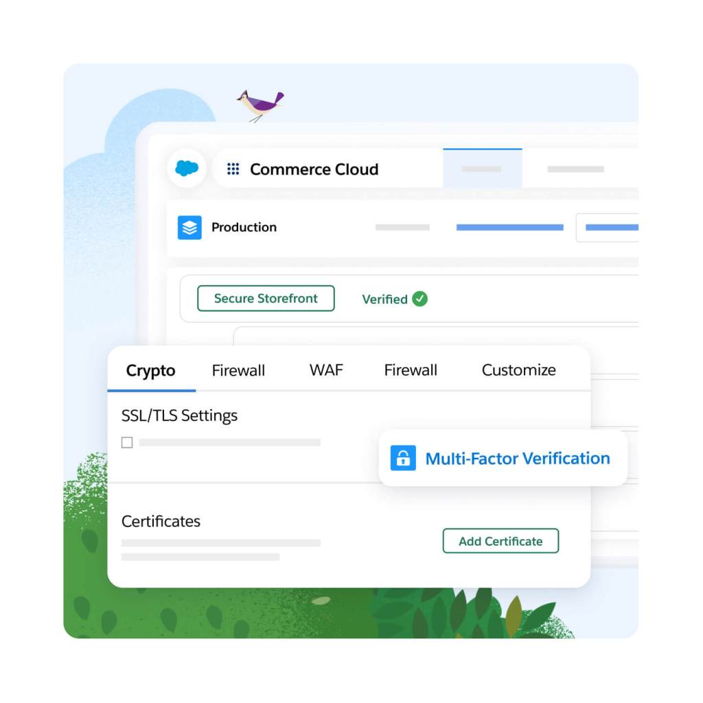 Salesforce Dashboard der Commerce Cloud mit einem Krypto-Pop-out-Fenster. Die Multi-Faktor-Verifizierung ist blau hervorgehoben.