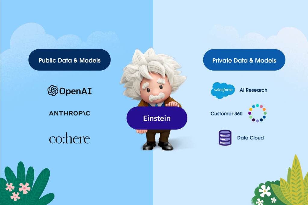 Salesforce Einstein steht in der Mitte eines geteilten Bildschirms mit „öffentlichen Daten und Modellen“ auf der linken und „privaten Daten und Modellen“ auf der rechten Seite.