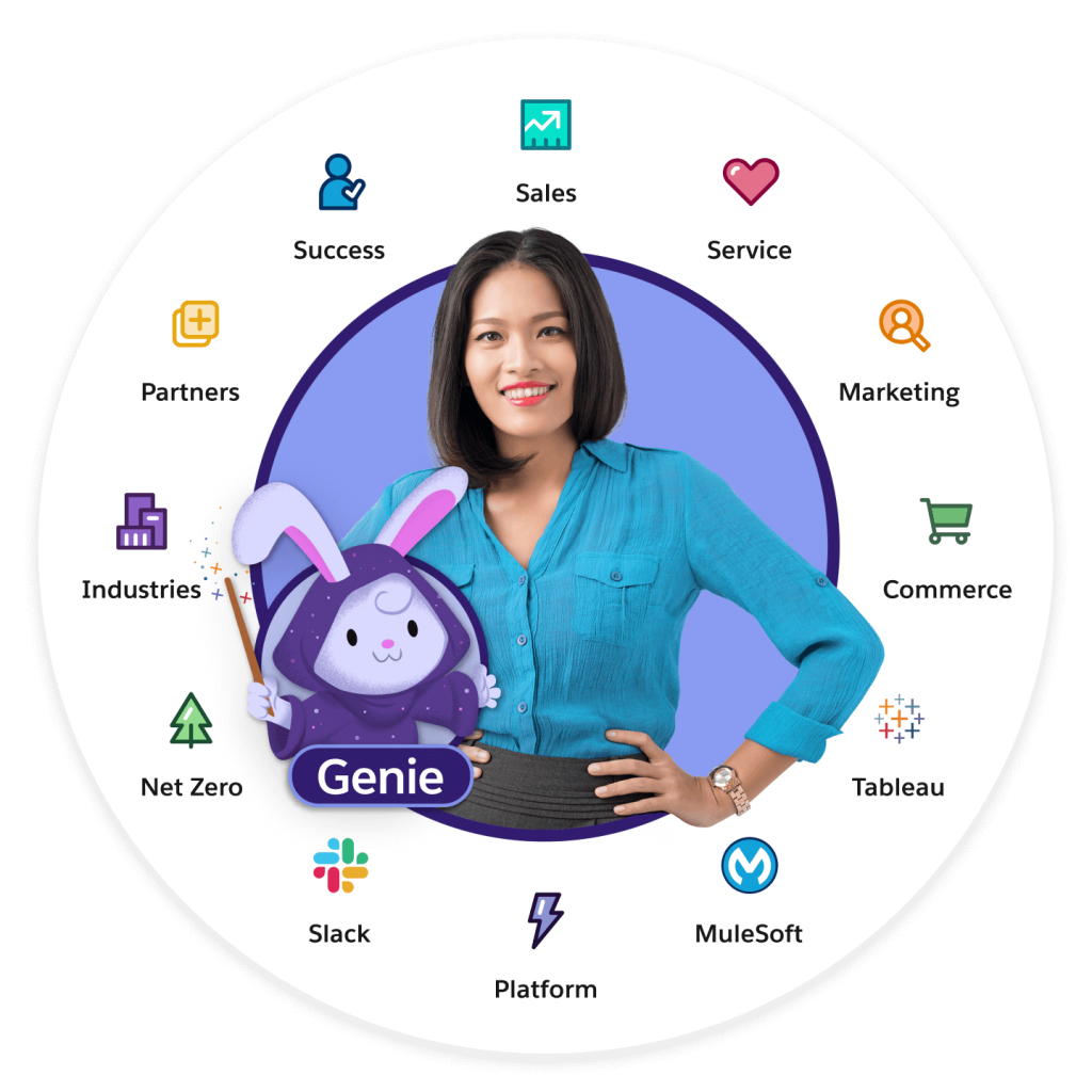 A circle featuring all of the core Customer 360 products surrounding a Salesforce customer.