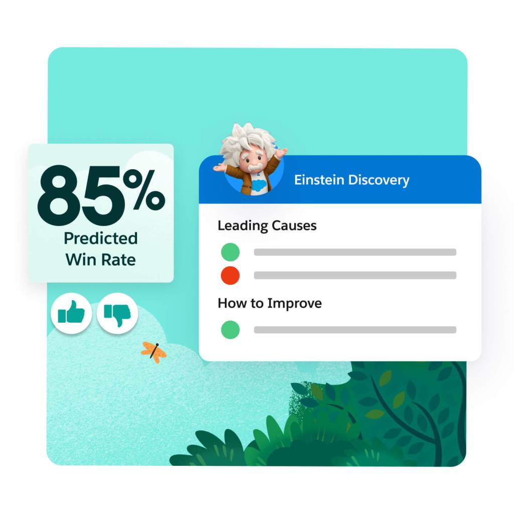 An example 85% win rate paired with an Einstein Discovery notification that gives leading causes and how to improve