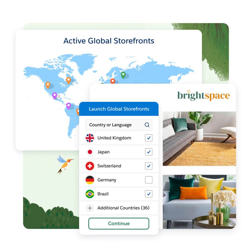 A blue, illustrated world map labeled Active Global Storefronts has pinpoints in different countries. A pop-out tab reads 'Launch Global Storefronts' with a list of countries and their flags below. The Brightspace logo is to the right with two images of couches.
