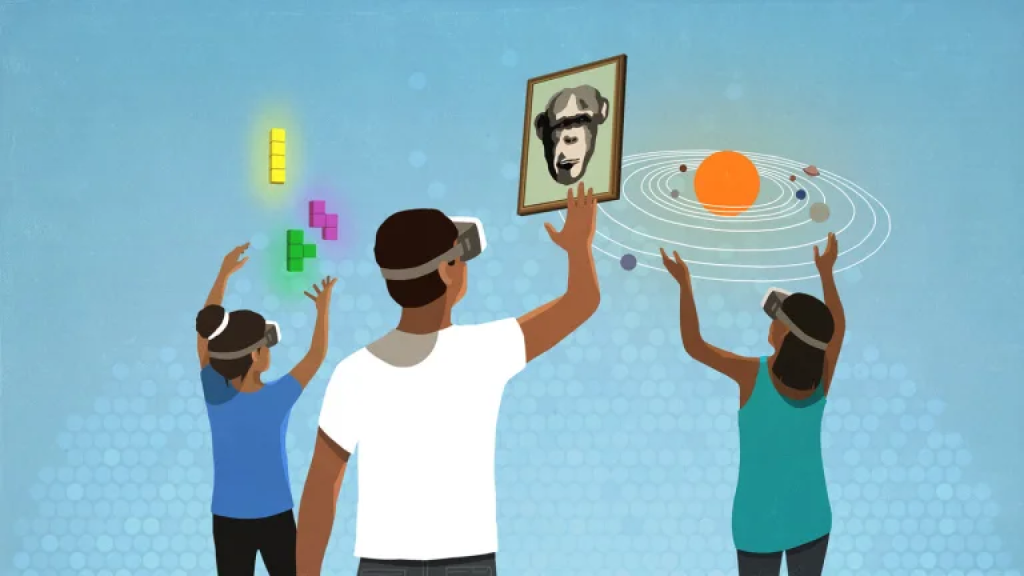 Illustration of three people wearing VR headsets. One is playing Tetris in the air, one is reaching for an NFT, and one is reaching towards a small-scale galaxy.