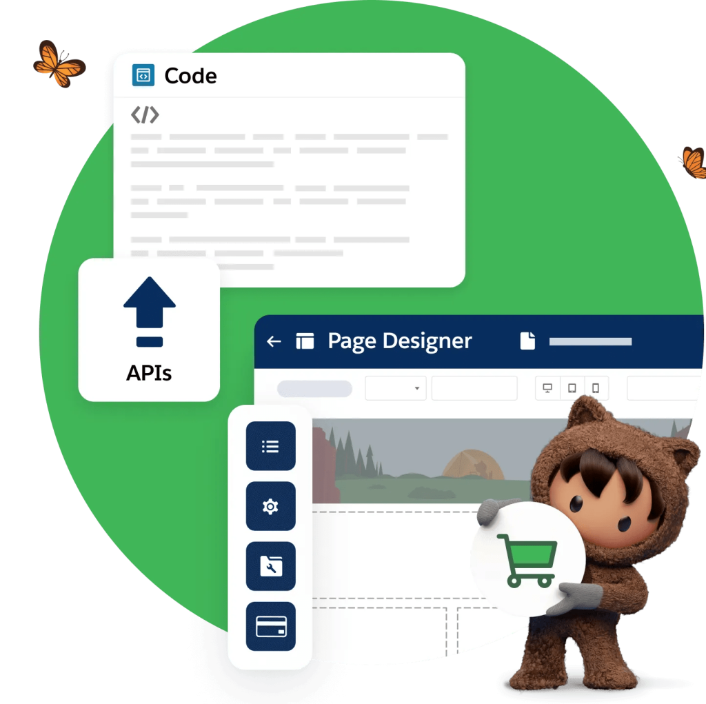 Page Designer screen with clickable tool icons next to a coding window and an API icon.