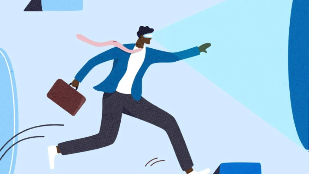 Stylized illustration of a person holding a suitcase wearing a VR headset. There is a ray of light expanding from the headset and they are reaching into the blue light forward.