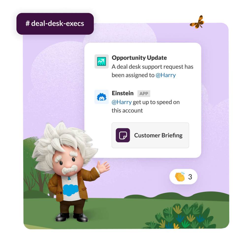 Einstein standing with application window with alerts for new insights