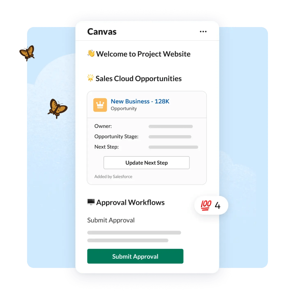 Application window showing canvas project website opportunities and workflows
