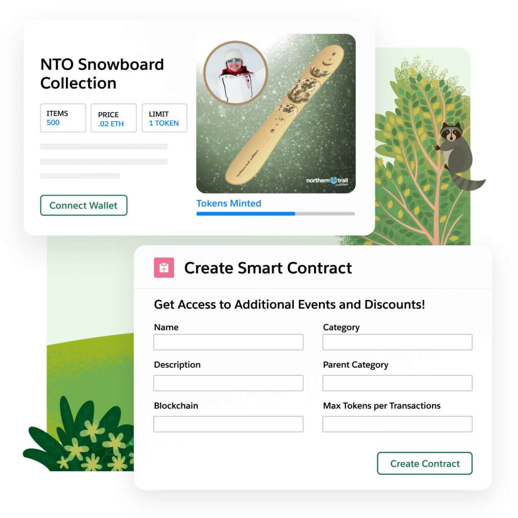 NTO Snowboard NFT Collection with a Connect to Wallet CTA. A Create Smart Contract window is below. 