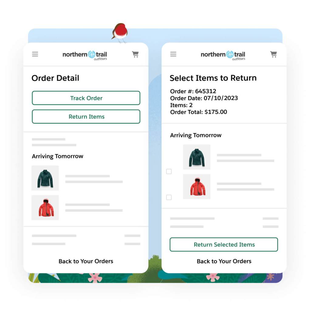Two mobile phone screens side by side. Left: Northern Trail Outfitters site on the Order Detail page. 'Track Order' and 'Return Items' CTA buttons are at the top, below shows two jackets labeled 'Arriving Tomorrow.' Right: Northern Trail Outfitters site on the Select Items to Return page. The two jackets now have checkable boxes next to them. 'Return Selected Items' and 'Back to Your Orders' CTA buttons are at the very bottom of the screen. 