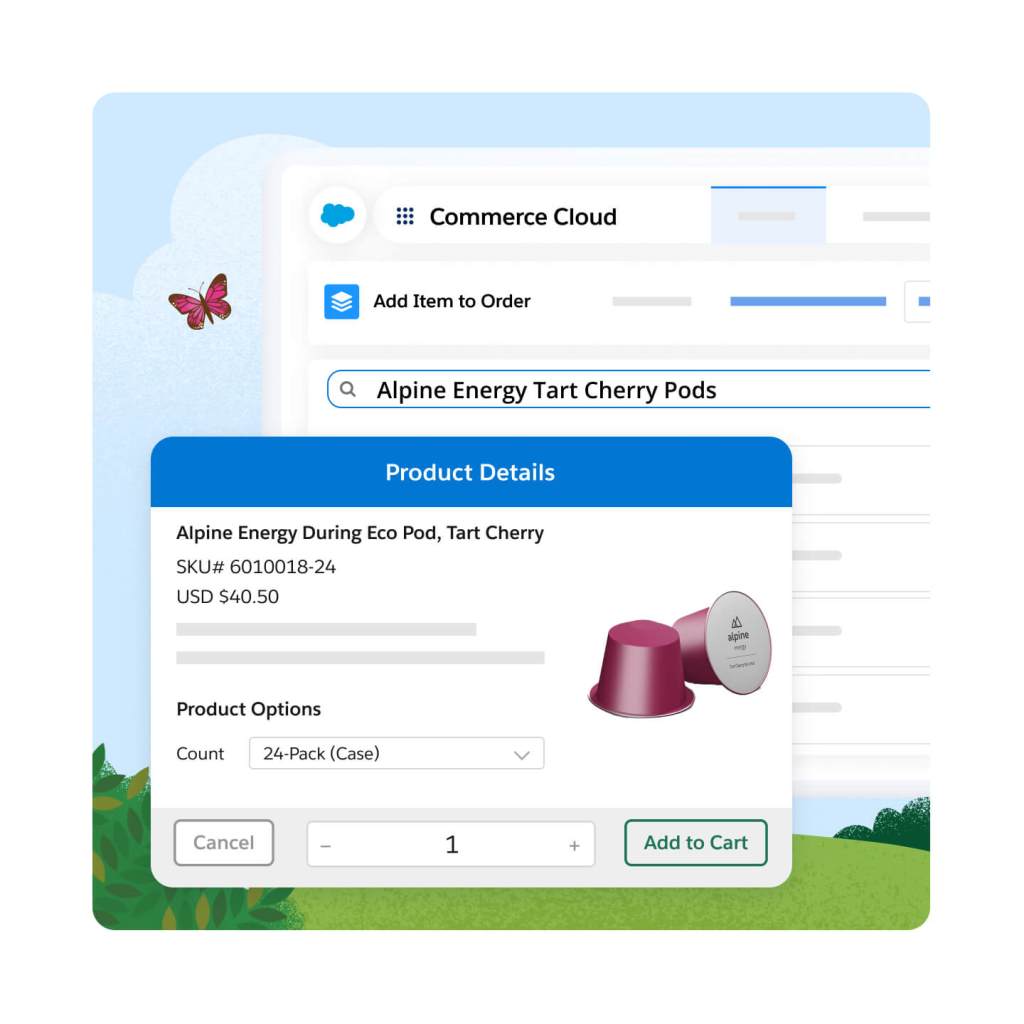 Commerce Cloud dashboard with a Product Details window popping out. A product description for an Alpine Energy During Eco Pod, Tart Cherry is shown. An Add to Cart button is selected in green.