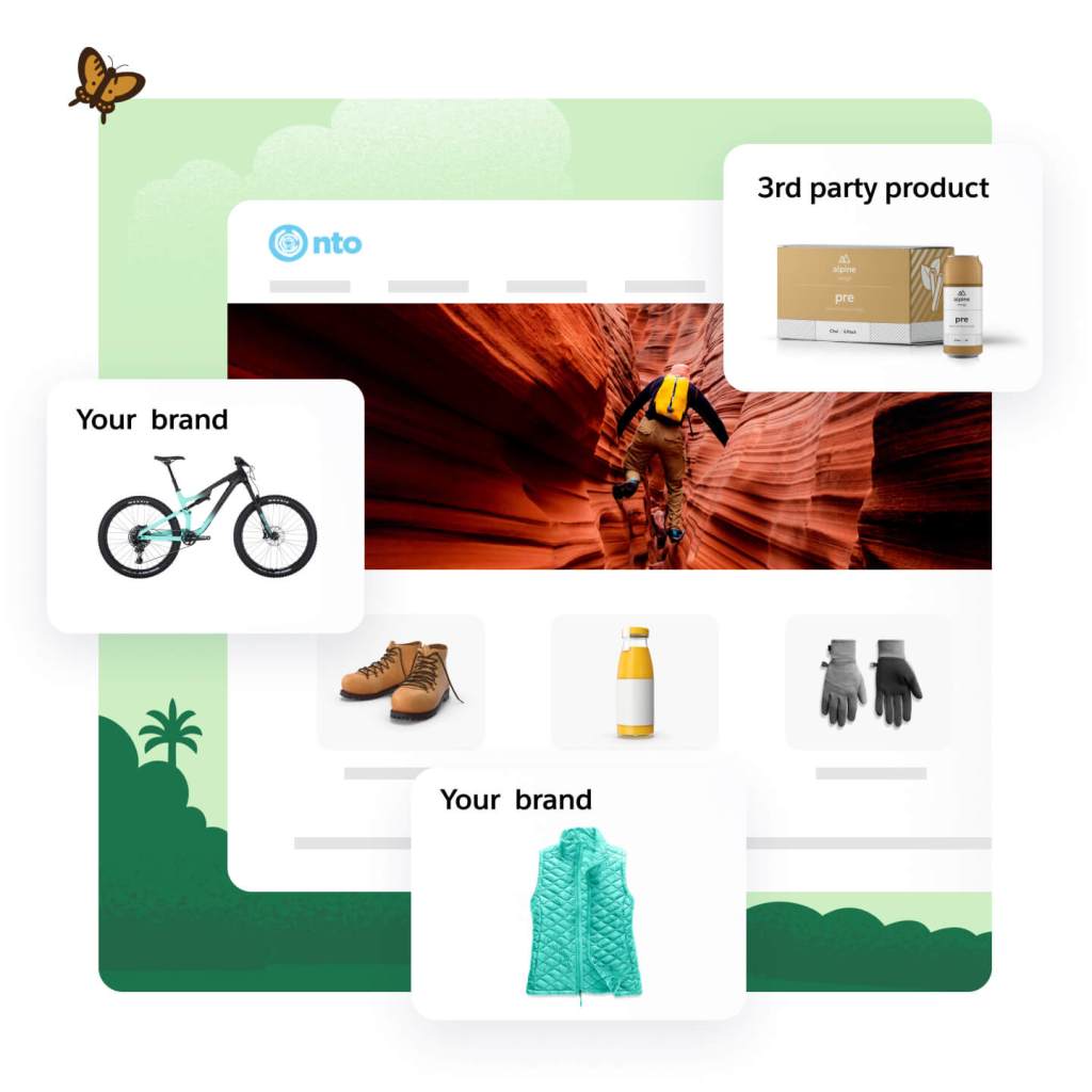 Hiker in between canyon rocks is on the front page of the NTO website. Pop-out windows show a bike with title 'Your brand', a blue shirt with title 'Your brand', and a cardboard box with title '3rd party product'.