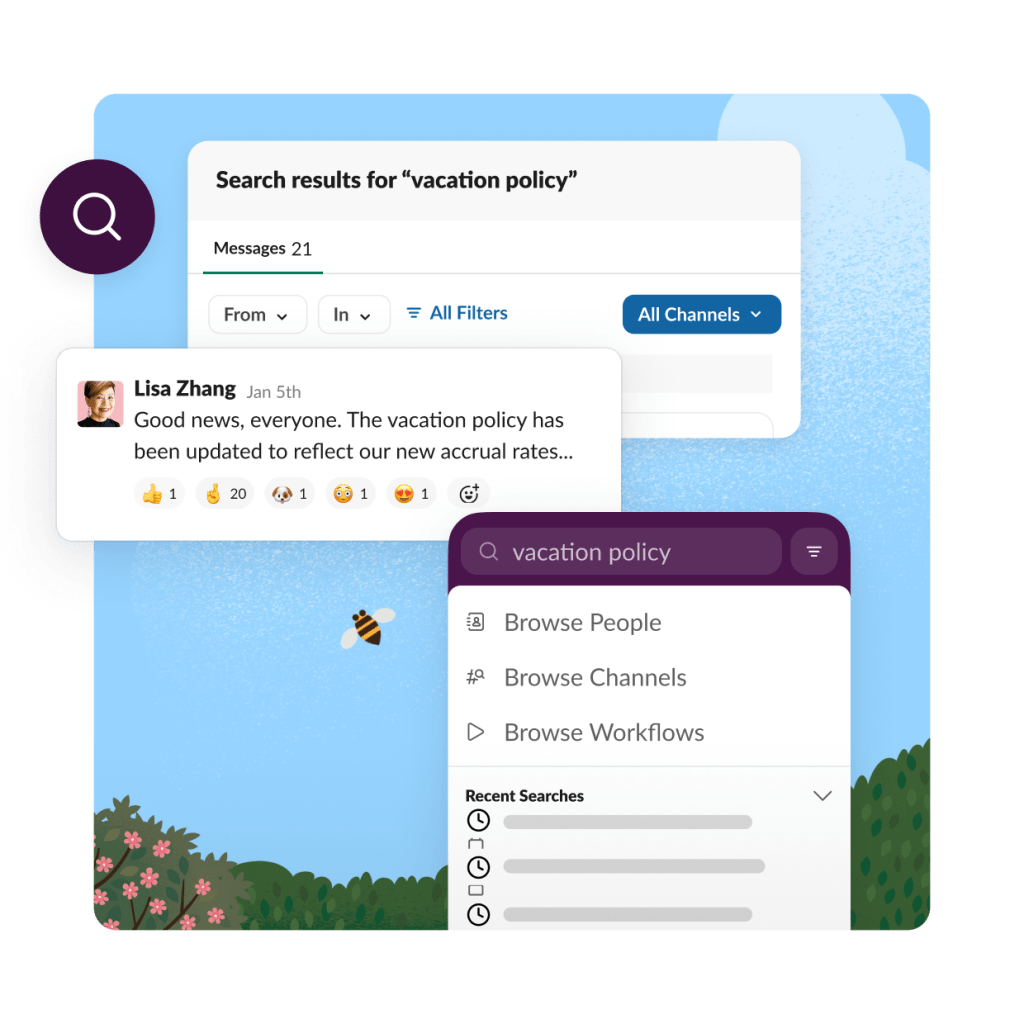 A person shares an update about a vacation policy. A search bar shows how you can quick search Slack to find info.