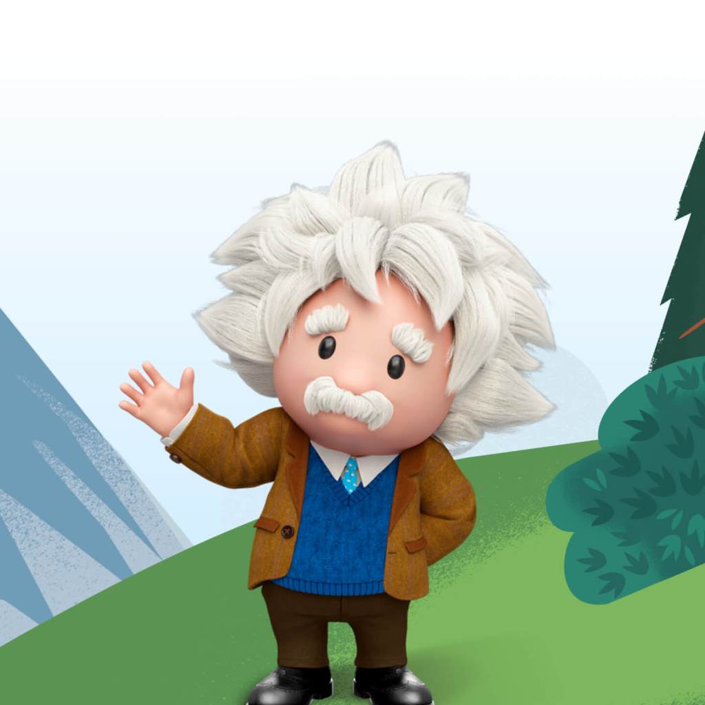 Cartoon Einstein stands on a hillside and waves