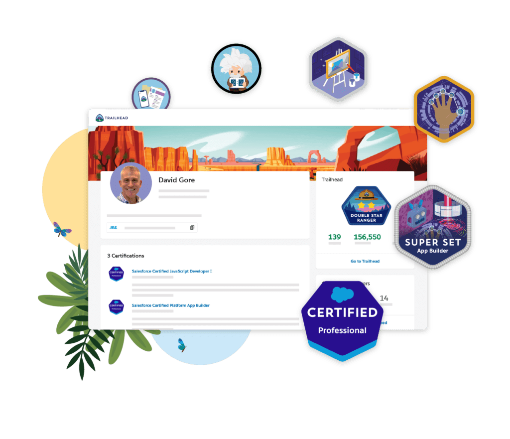 A sample Trailhead dashboard showing accrued points and badges earned
