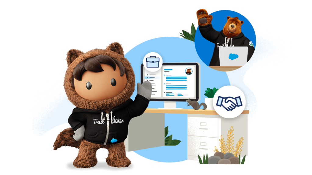 Salesforce mascots Astro and Codey connect via desktop messaging