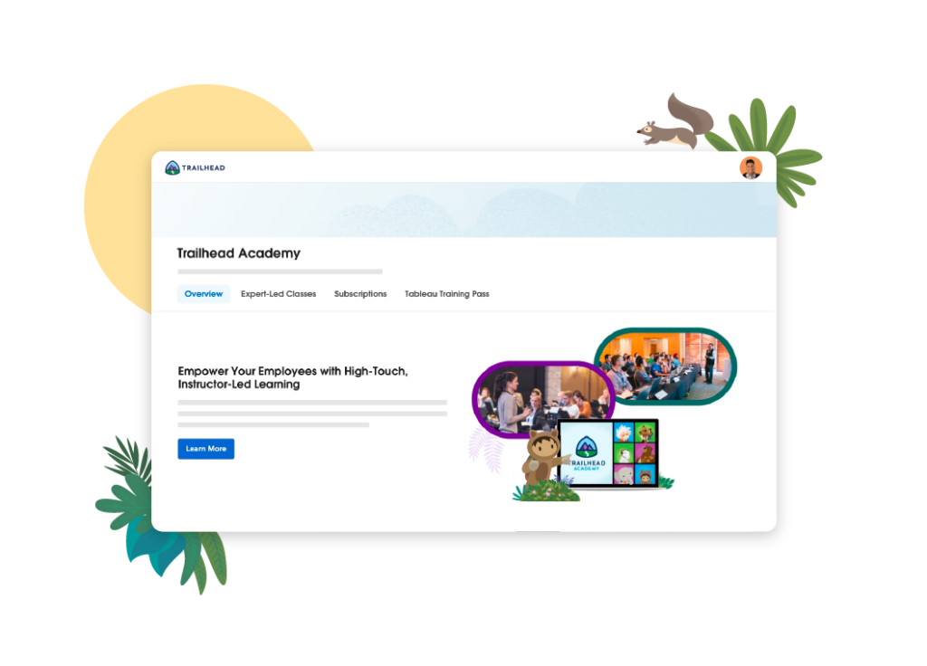Salesforce mascot Astro with images of Trailhead instructors in classroom settings.