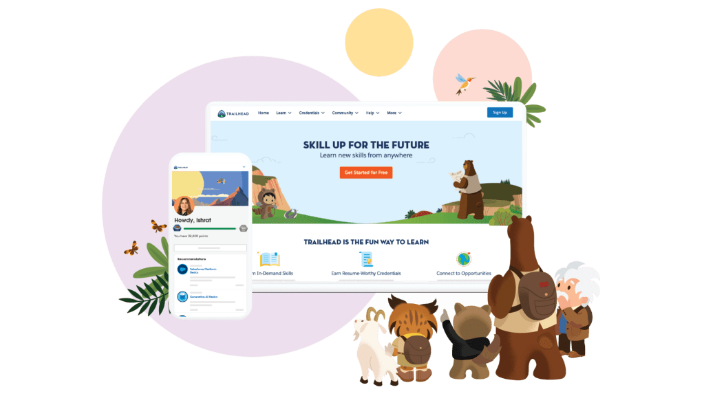 Salesforce mascots Astro, Codey, Einstein, and friends preview Trailhead welcome dashboards on desktop and mobile.