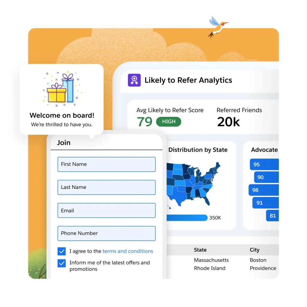 A referrals dashboard and a mobile device with a form to join a rewards program