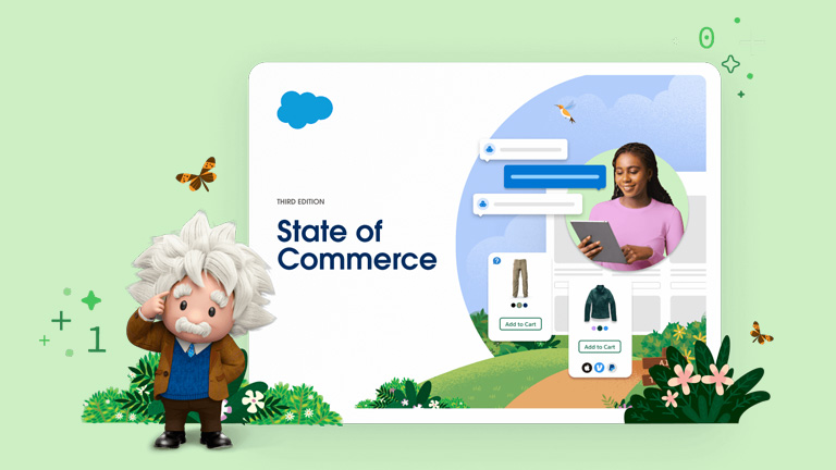 Illustrated cover of the State of Commerce report, contains a person with brown hair holding a tablet device and a stylized customer profile.