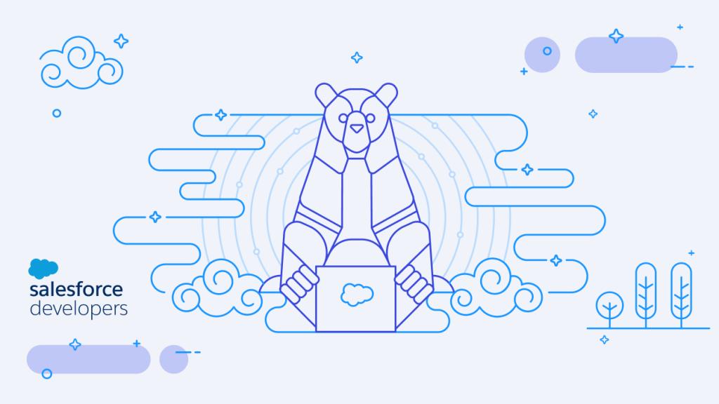 Stylized illustration of Salesforce character Cody the bear holding a laptop with the Salesforce logo.
