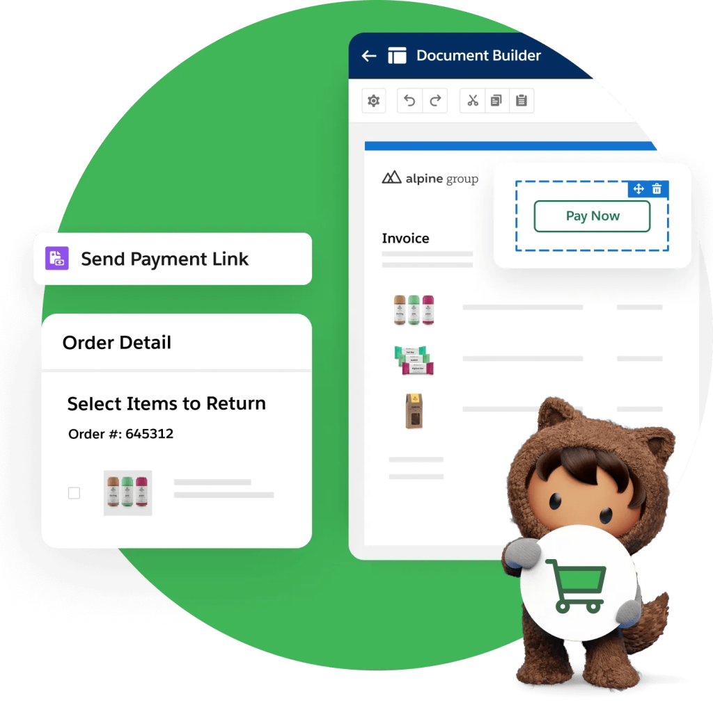 Document Builder screen with a Pay Now button being drag-and-dropped. Next to it are pop-out windows titled 'Send Payment Link' and 'Order Detail'.