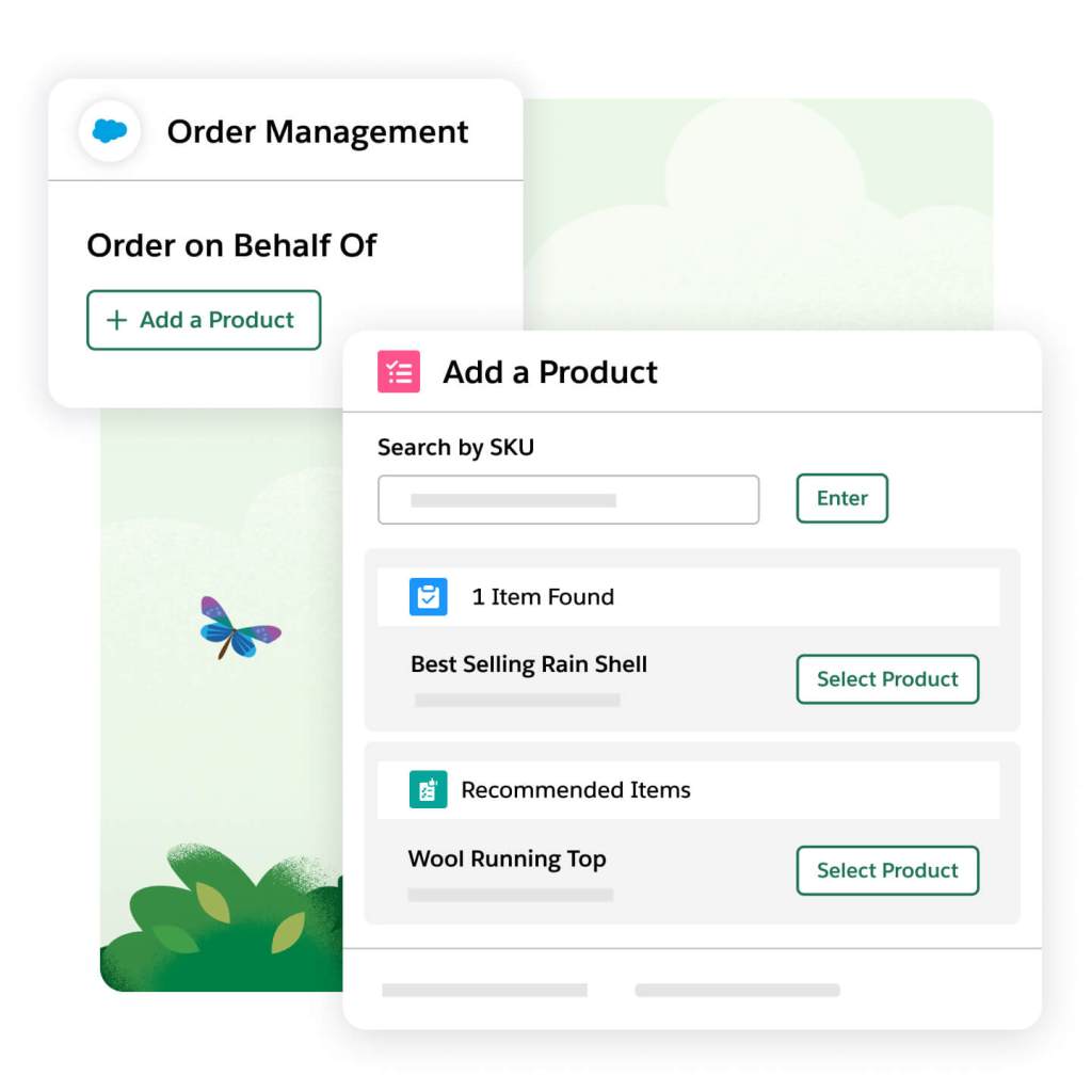 Top left: an Order Management window is open with the title 'Order on Behalf of' and a CTA reading '+ Add a Product.' Bottom right: Add a Product window is open with a 'Search by SKU' search bar. 1 Item Found, and Recommended Items options are below.