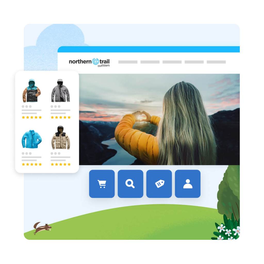 Image of a person making a heart with their hands over a sunset. A panel of NTO jackets is popping out to the left, each jacket has five stars. Below are four icons in blue boxes with arrows point up and down. Icons are a shopping cart, a magnifying glass, a tag, and a person.