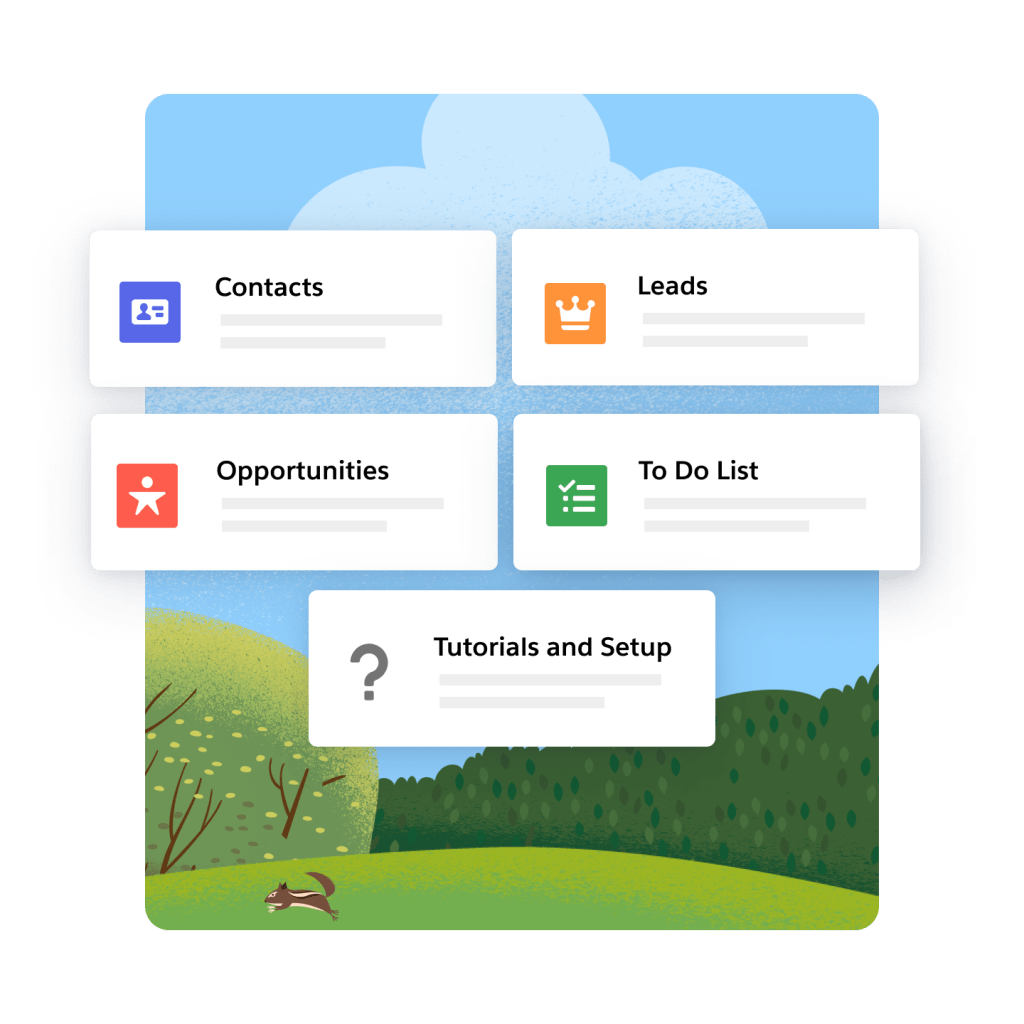 A screen shows options to view contacts, leads, opportunities, a to-do-list, and tutorials and setup.