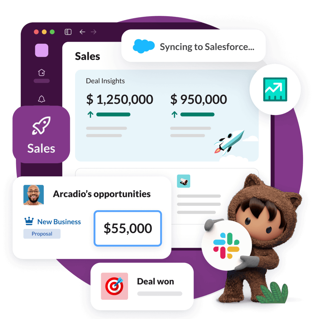 slack sales dashboard showing deals and opportunities and astro holding slack logo