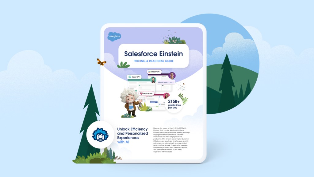 The Salesforce Einstein Pricing & Readiness Guide showing products, stats, and articles on AI. 