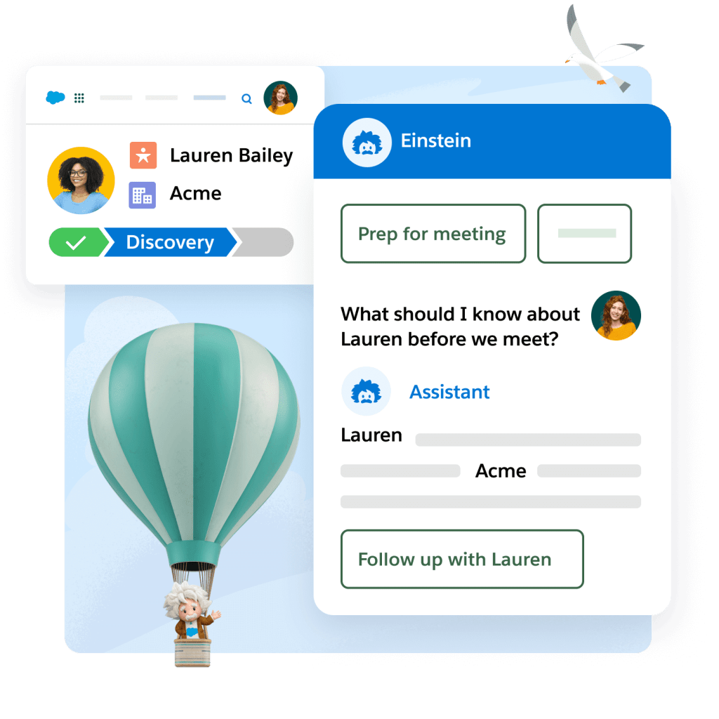 Einstein in a hot air balloon gesturing at his generated content on how to prepare for a meeting.
