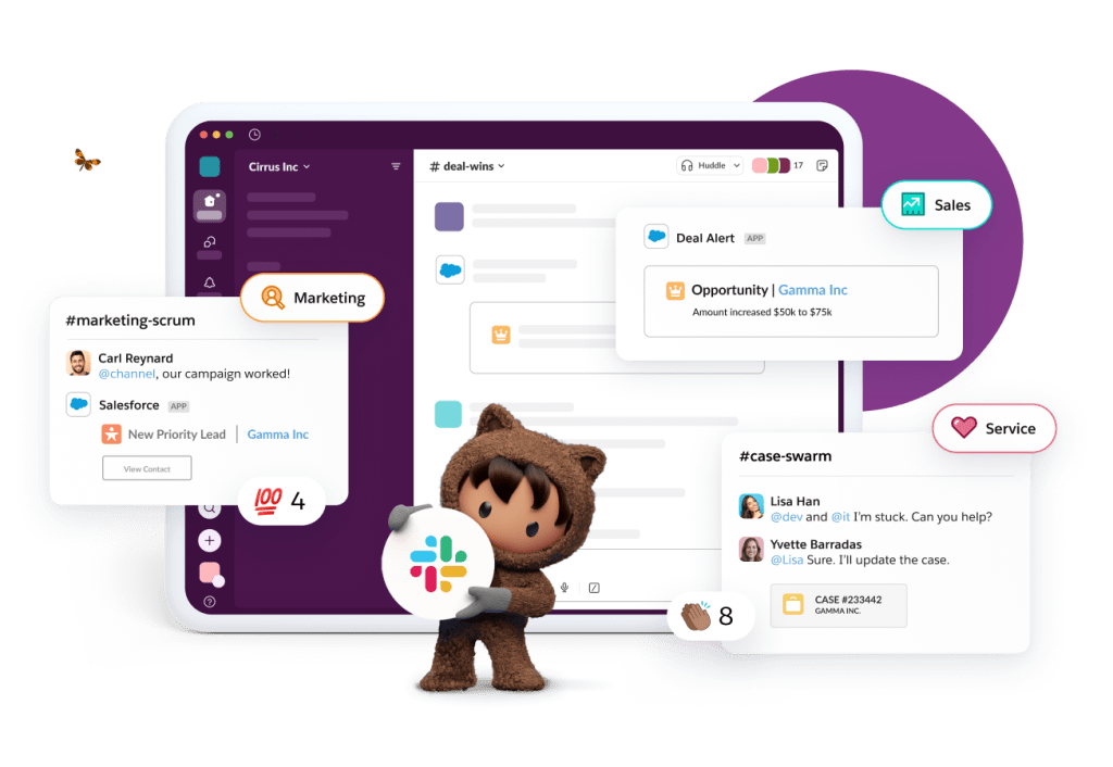 slack interface with popup alerts and astro holding slack logo