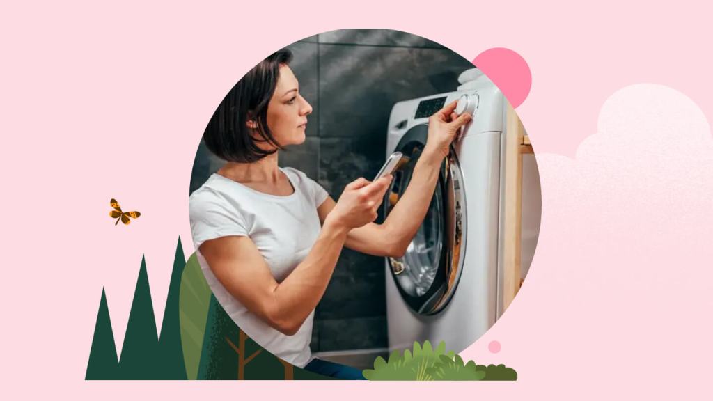 Woman with phone and washer