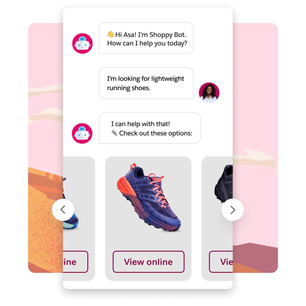 A chatbot assists a customer in finding new shoes and suggest products available for purchase