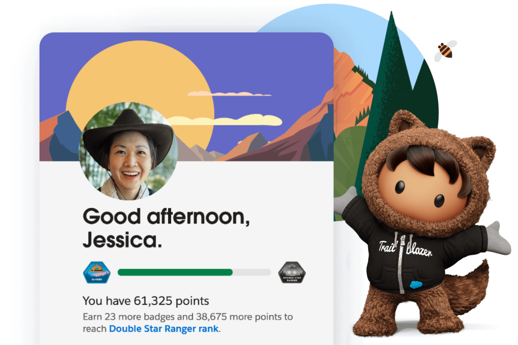 Salesforce mascot Astro showcases a user profile screen featuring a user's photo and their Trailhead point total
