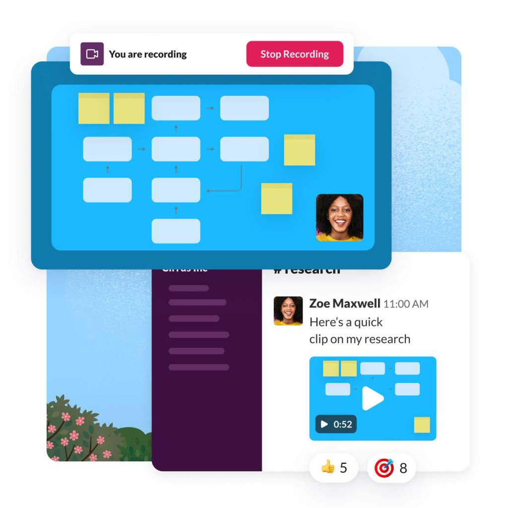 slack interface that shows flow chat and there is a screen recording happening