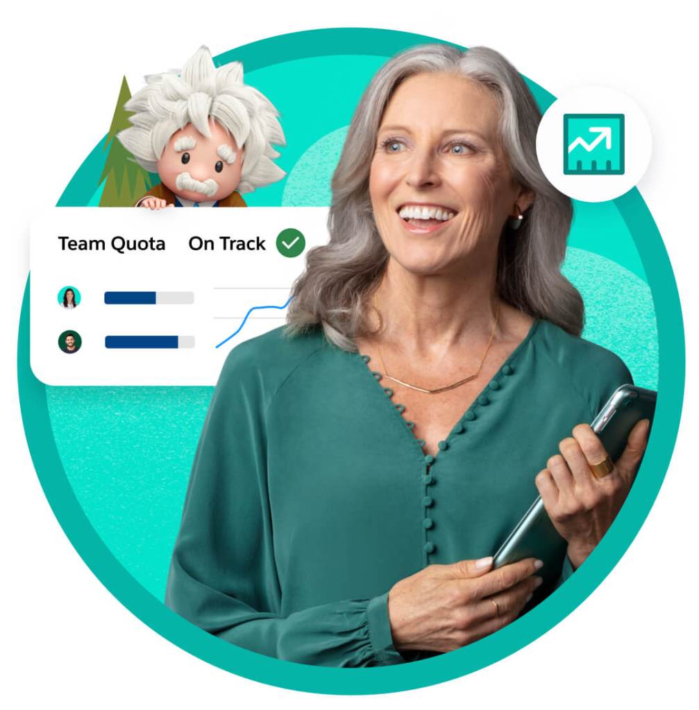 A sales professional beside a product graphic showing team members' progress toward their sales quotas.