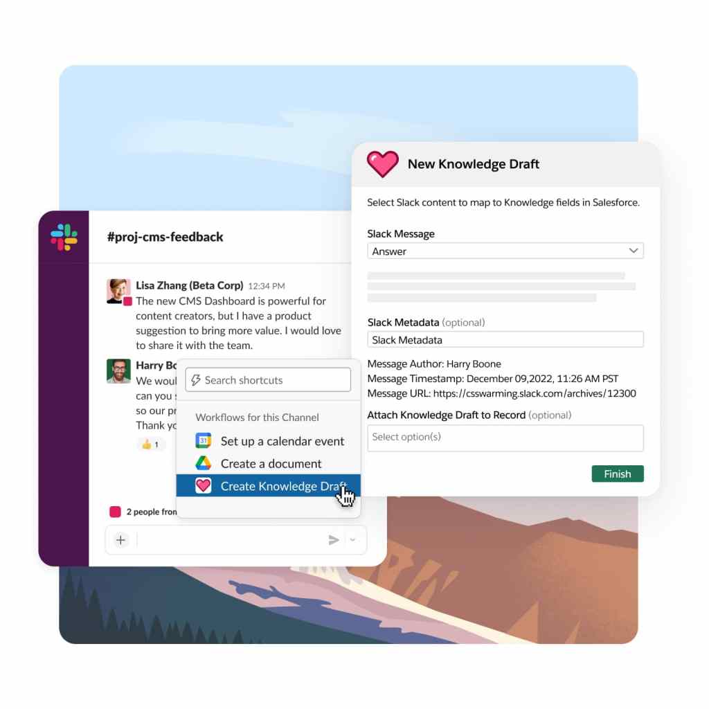 Slack windows depicting communications for servicing a customer and the service journey