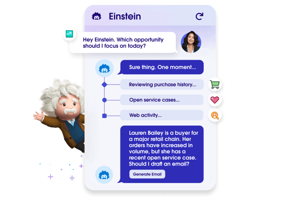 Einstein next to some texts messages with a customer