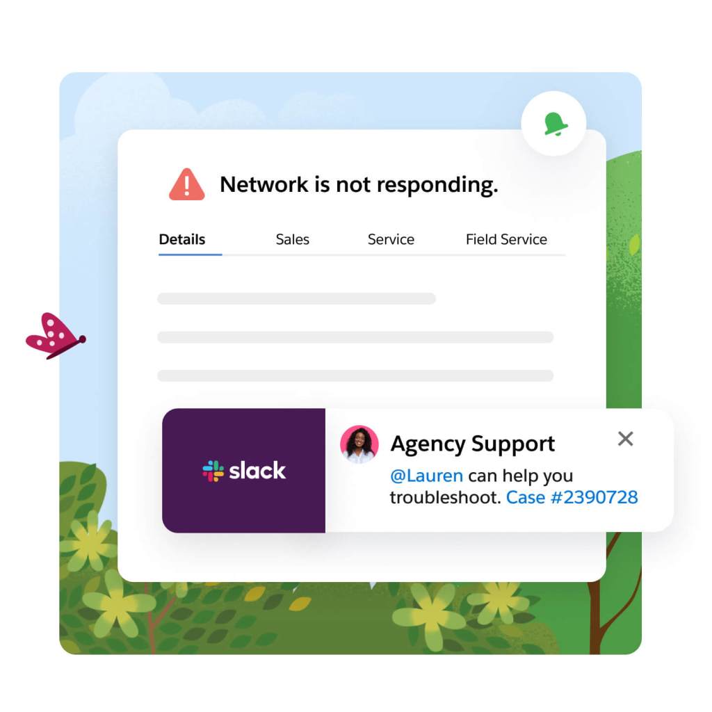 Broadcast emails, a broadcast site banner, broadcast slack messages, and broadcast alerts displayed on PCs and a phone.