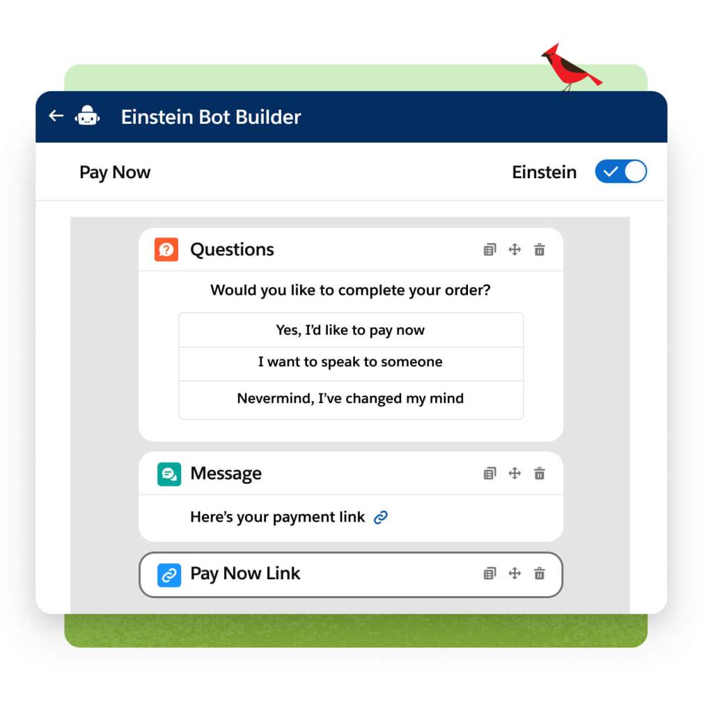 Einstein Bot Builder screen with the Pay Now window open.